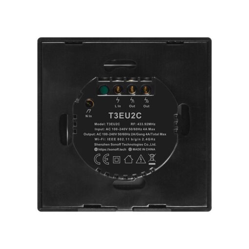 Sonoff T3EU2C TX kahe kanaliga puutetundlik seinalüliti WiFiga juhtmevaba RF 433 MHz must IM190314019 3