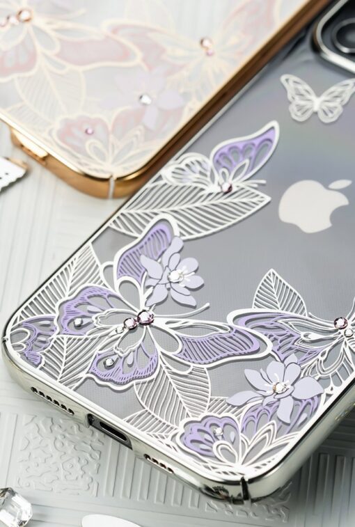 iPhone 12 iPhone 12 Pro umbris Kingxbar Butterfly elastsest plastikust Swarowski kristallikestega lilla 13
