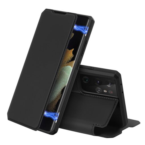 Samsung S21 Ultra kunstnahast kaaned kaarditaskuga DUX DUCIS Skin Pro must