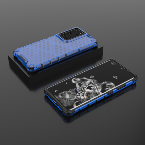Samsung S21 Ultra plastikust kargstruktuuri ja silikoonist raamiga umbris sinine 12