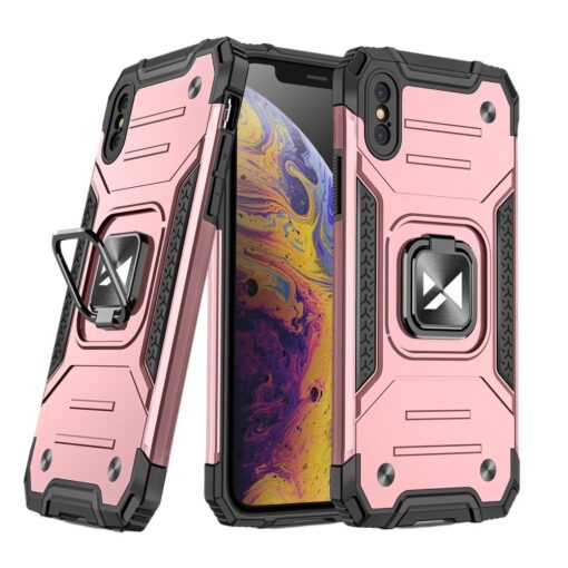 iPhone XSX tugev umbris Ring Armor plastikust taguse ja silikoonist nurkadega roosa