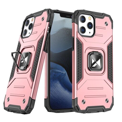 iPhone 13 umbris Ring Armor Kickstand silikoonist nurkadega ja plastikust tagusega roosa