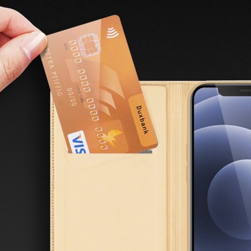 iPhone 13 MINI kunstnahast kaaned kaarditaskuga DUX DUCIS Skin Pro kuldne 18