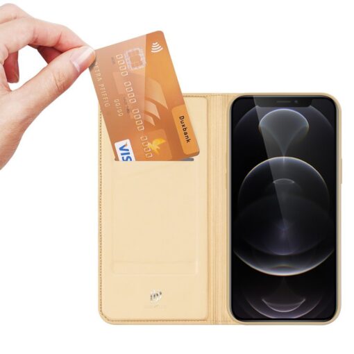 iPhone 13 PRO MAX kunstnahast kaaned kaarditaskuga DUX DUCIS Skin Pro kuldne 1