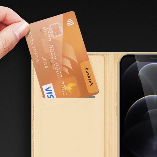 iPhone 13 PRO MAX kunstnahast kaaned kaarditaskuga DUX DUCIS Skin Pro kuldne 18
