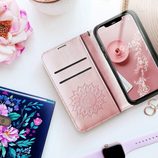 iPhone 12 12 PRO kaaned kunstnahast kaarditaskuga MEZZO mandala roosa kuld 4