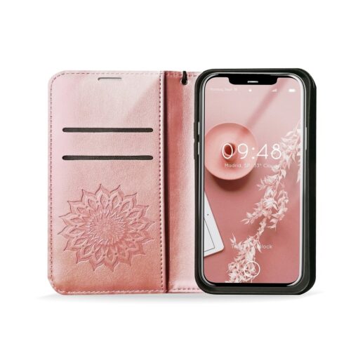 iPhone 12 12 PRO kaaned kunstnahast kaarditaskuga MEZZO mandala roosa kuld 6