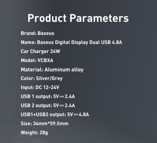 Baseus autolaadija 2x USB 4.8A 24W LCD 15