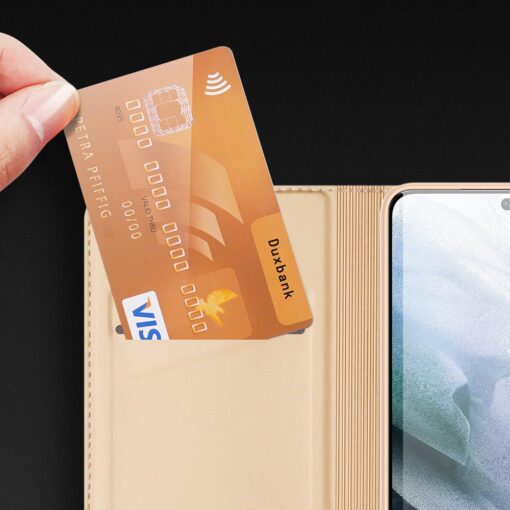 Samsung S21 FE kunstnahast kaaned kaarditaskuga DUX DUCIS Skin Pro kuldne 17
