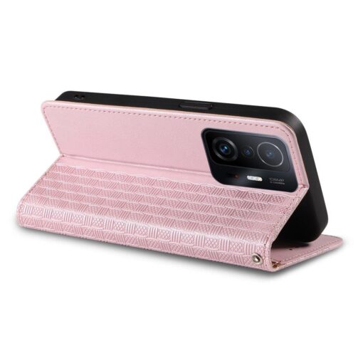 Samsung A12 kaaned mustriga kunstnahast kaarditaskuga roosa 1