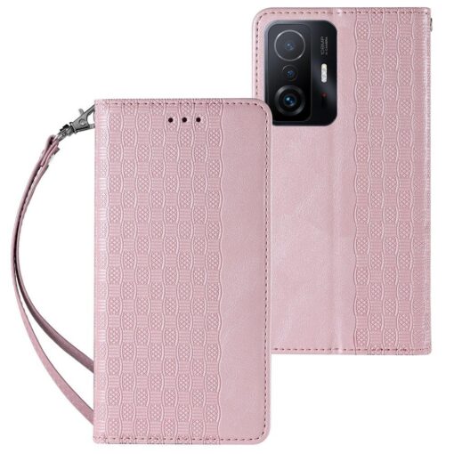 Samsung A12 kaaned mustriga kunstnahast kaarditaskuga roosa