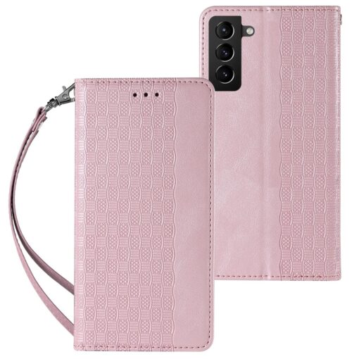 Samsung S22 PLUS kaaned mustriga kunstnahast kaarditaskuga roosa