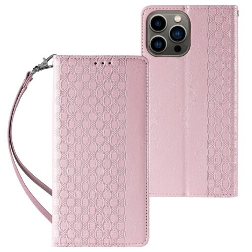 iPhone 13 PRO MAX kaaned mustriga kunstnahast kaarditaskuga roosa