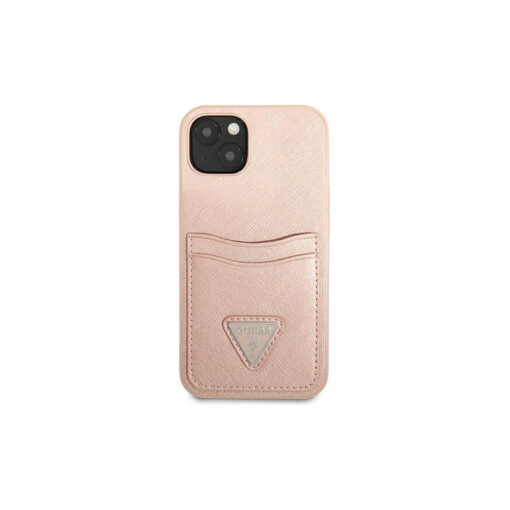 iPhone 13 umbris Guess Saffiano Triangle kaarditaskuga GUHCP13MPSATPP roosa 3 1