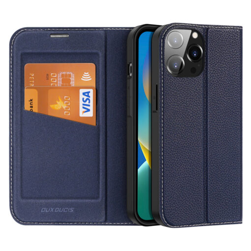 iPhone 14 PRO MAX kaaned kaarditaskuga Dux Ducis Skin X2 magnetiga sulguv sinine