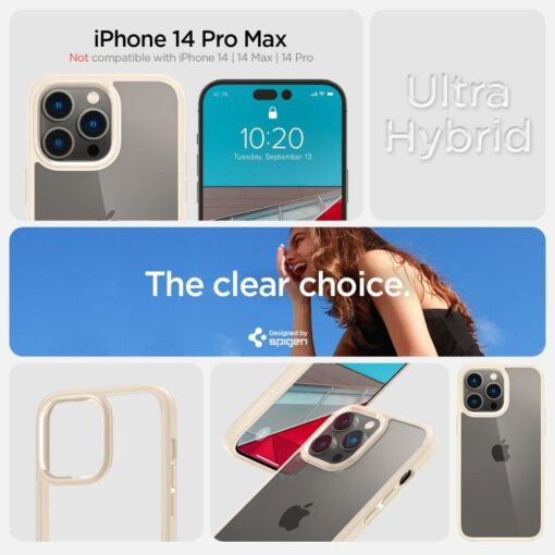 iPhone 14 PRO MAX umbris Spigen Ultra Hybrid plastikust taguse ja silikoonist raamiga beez 7