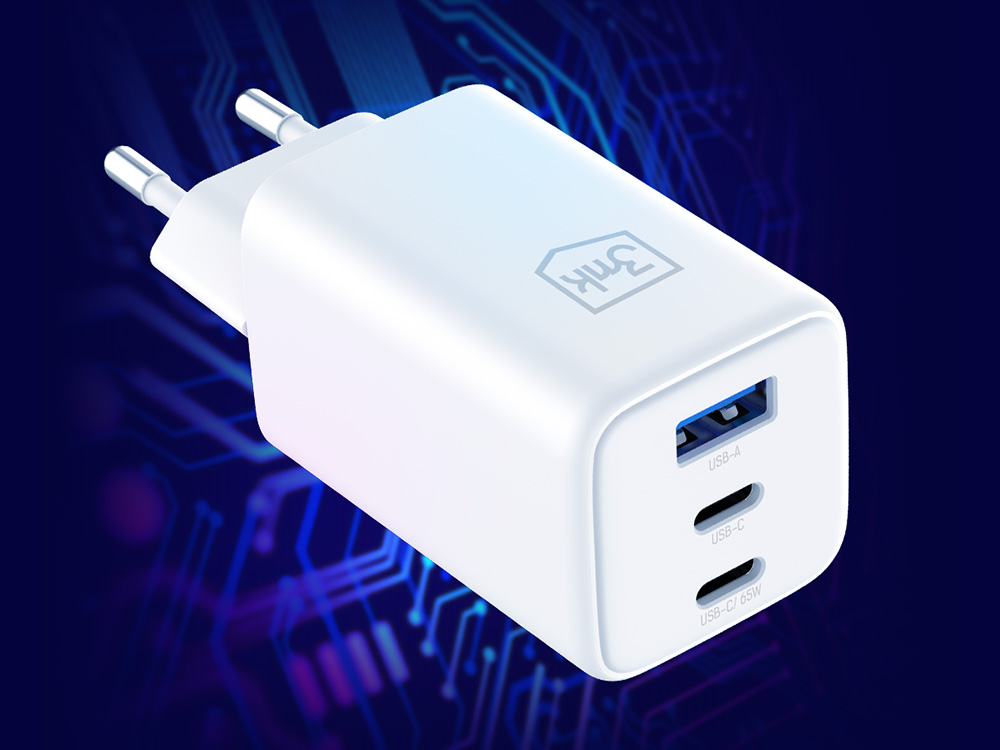 Seinaadapter 2x USB C 1x USB A 3mk Hyper GaN Charger 65W QC4 PD PPS 11