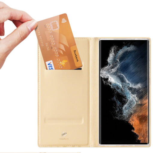 Samsung S23 ULTRA kaaned kaarditaskuga Dux Ducis Skin Pro kunstnahast kuldne 1