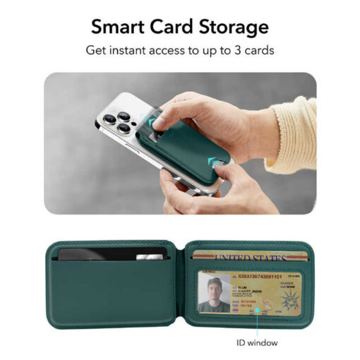 MagSafe kaarditasku ESR Desk Holder Halolock Vegan Leather Wallet Stand Green Suede 5