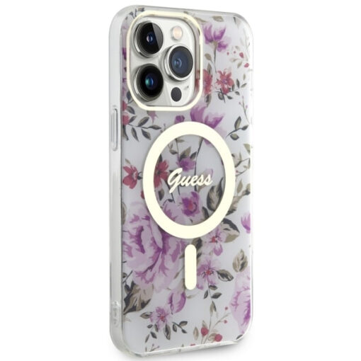 iPhone 14 Pro umbris silikoonist Guess GUHMP14LHCFWST Flower MagSafe Transparent 3