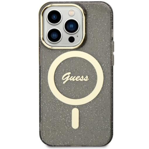 iPhone 14 Pro umbris silikoonist Guess GUHMP14LHCMCGK Glitter Gold MagSafe Black 2