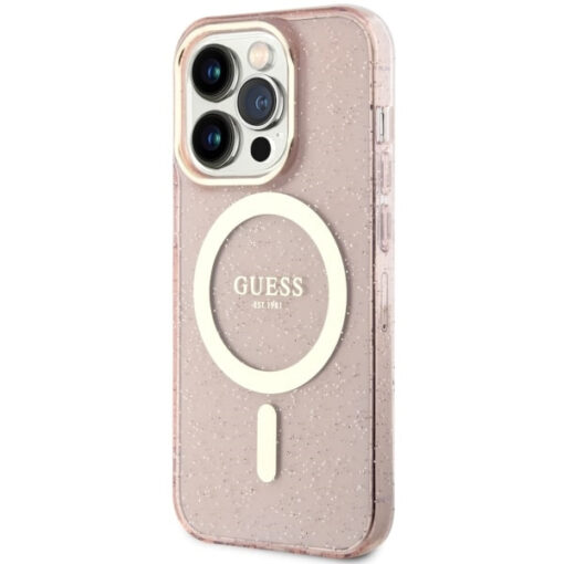 iPhone 14 Pro umbris silikoonist Guess GUHMP14LHCMCGP Glitter Gold MagSafe Pink 1
