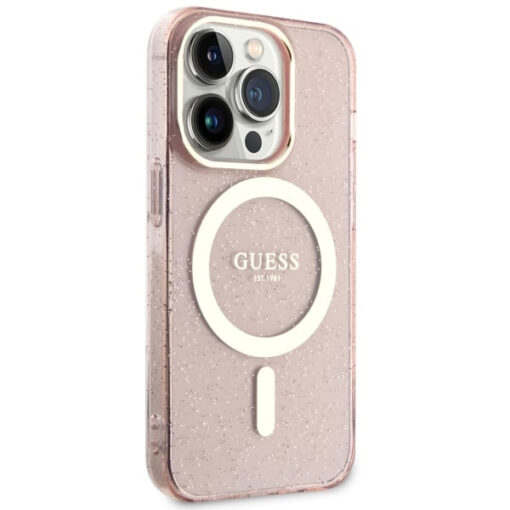 iPhone 14 Pro umbris silikoonist Guess GUHMP14LHCMCGP Glitter Gold MagSafe Pink 3