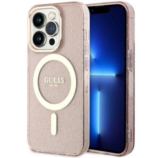 iPhone 14 Pro umbris silikoonist Guess GUHMP14LHCMCGP Glitter Gold MagSafe Pink
