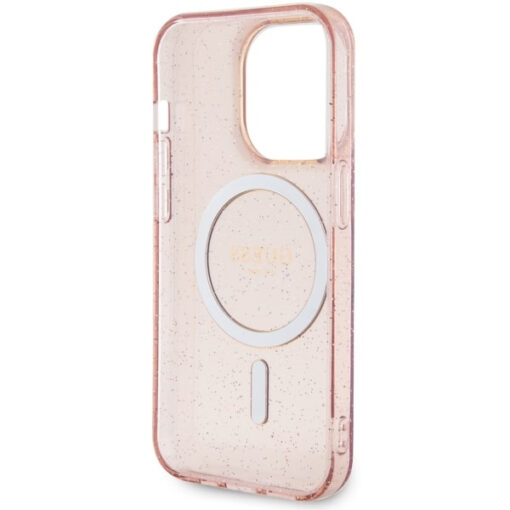 iPhone 14 Pro umbris silikoonist Guess GUHMP14LHCMCGP Glitter Gold MagSafe Pink 6