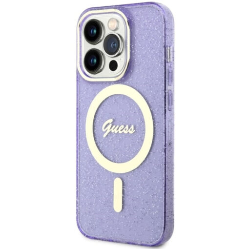 iPhone 14 Pro umbris silikoonist Guess GUHMP14LHCMCGU Glitter Gold MagSafe Purple 1