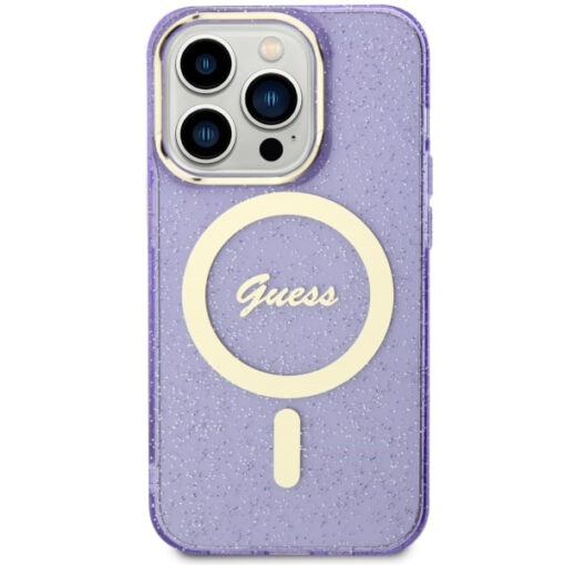 iPhone 14 Pro umbris silikoonist Guess GUHMP14LHCMCGU Glitter Gold MagSafe Purple 2