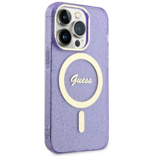 iPhone 14 Pro umbris silikoonist Guess GUHMP14LHCMCGU Glitter Gold MagSafe Purple 3