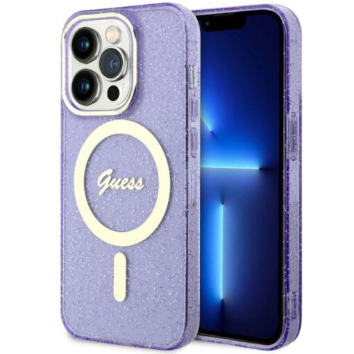 iPhone 14 Pro umbris silikoonist Guess GUHMP14LHCMCGU Glitter Gold MagSafe Purple