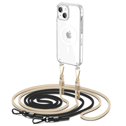 iPhone 15 PLUS umbris Flexair Chain MagSafe plastikust taguse ja silikoonist raamiga musta ja beezi rihmaga