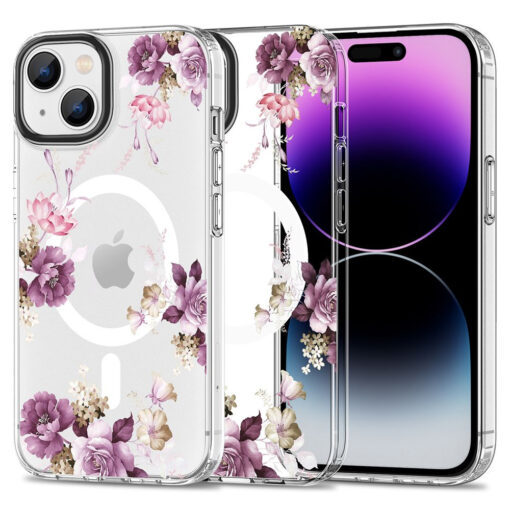 iPhone 15 PLUS umbris MagMood MagSafe plastikust taguse ja silikoonist raamiga spring floral