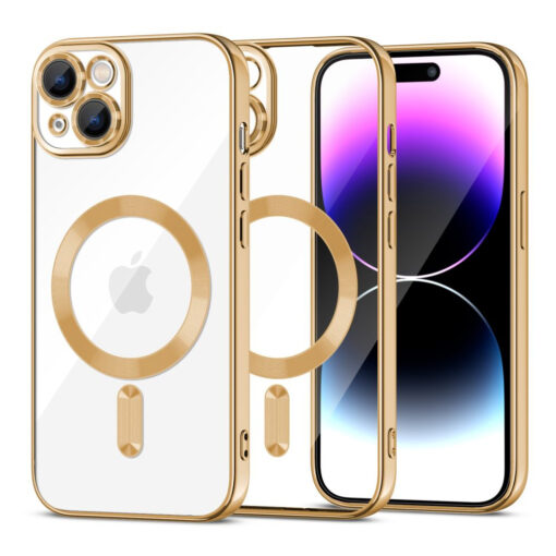 iPhone 15 PLUS umbris Magshine MagSafe plastikust taguse ja silikoonist raamiga kuldne