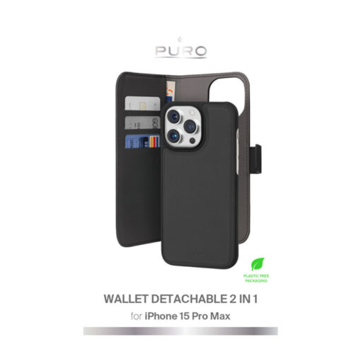 iPhone 15 PRO MAX kaaned PURO Wallet Detachable 2w1 oko nahast taguse ja silikoonist raamiga must 3