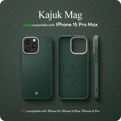 iPhone 15 PRO MAX umbris Spigen Cyrill Kajuk Mag MagSafe oko nahast taguse ja silikoonist raamiga roheline 14