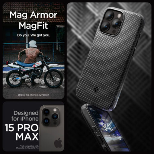 iPhone 15 PRO MAX umbris Spigen Mag Armor MagSafe plastikust taguse ja silikoonist raamiga must 8