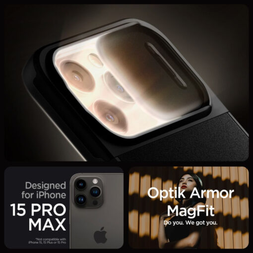 iPhone 15 PRO MAX umbris Spigen Optik Armor Mag MagSafe plastikust taguse ja silikoonist raamiga must 15