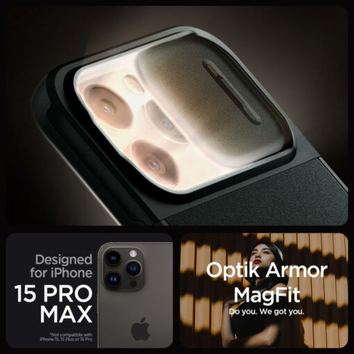 iPhone 15 PRO MAX umbris Spigen Optik Armor Mag MagSafe plastikust taguse ja silikoonist raamiga roheline 14