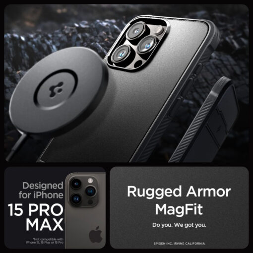 iPhone 15 PRO MAX umbris Spigen Rugged Armor Mag MagSafe plastikust taguse ja silikoonist raamiga must 9