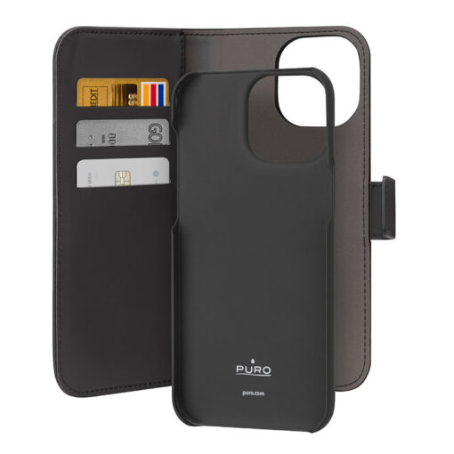 iPhone 15 PRO kaaned PURO Wallet Detachable 2w1 oko nahast taguse ja silikoonist raamiga must 1