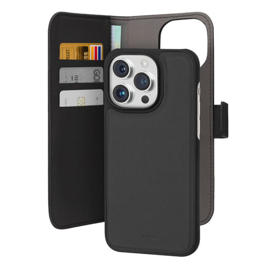 iPhone 15 PRO kaaned PURO Wallet Detachable 2w1 oko nahast taguse ja silikoonist raamiga must