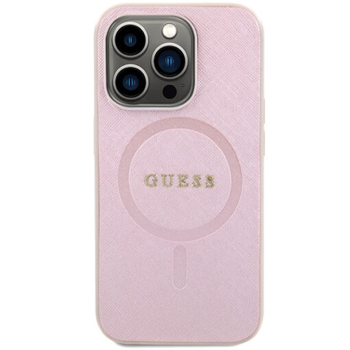 iPhone 15 PRO umbris Guess GUHMP15LPSAHMCP kunstnahast taguse ja silikoonist raamiga roosa 2