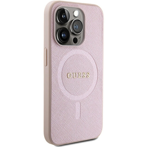 iPhone 15 PRO umbris Guess GUHMP15LPSAHMCP kunstnahast taguse ja silikoonist raamiga roosa 3