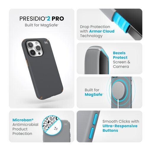 iPhone 15 PRO umbris Speck Presidio2 Pro MagSafe silikoonist ja plastikust pronks ja hall 10
