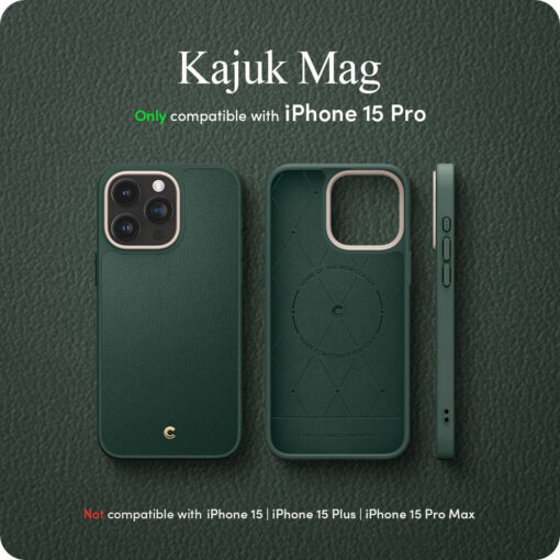 iPhone 15 PRO umbris Spigen Cyrill Kajuk Mag MagSafe oko nahast taguse ja silikoonist raamiga roheline 14