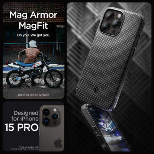 iPhone 15 PRO umbris Spigen Mag Armor MagSafe plastikust taguse ja silikoonist raamiga must 8