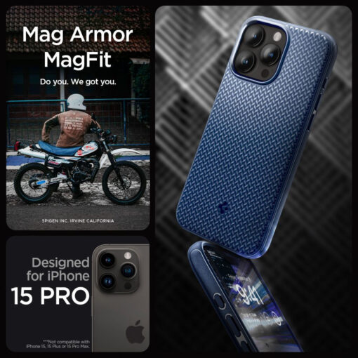 iPhone 15 PRO umbris Spigen Mag Armor MagSafe plastikust taguse ja silikoonist raamiga sinine 8